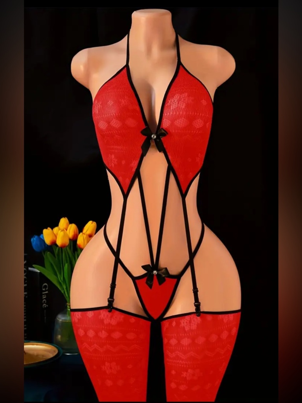 Red Strappy Lace Teddy with Attached Thigh-Highs